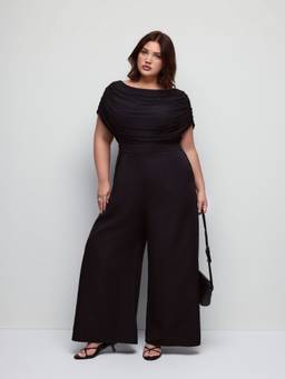 Cider - Mesh Women's Off Shoulder Ruched Wide Leg Jumpsuit Black