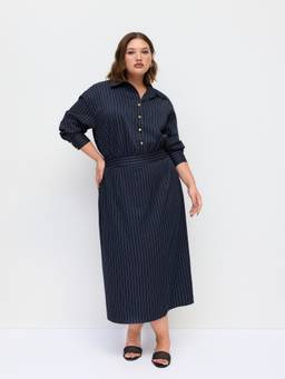 Cider - Striped Collar Women's Button Front Maxi Dress Navy Blue