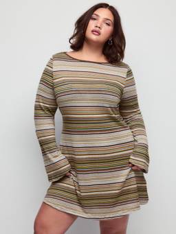 Cider - Jersey Women's Striped Boat Neck Bell Sleeve Flared Mini Dress Olive