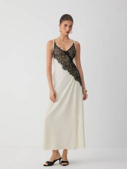 Cider - Asymmetric Lace Women's V-Neck Maxi Dress White