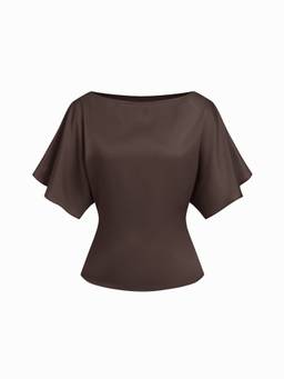 Cider - Boat Neck Women Batwing Sleeve Tie-Back Top Coffee