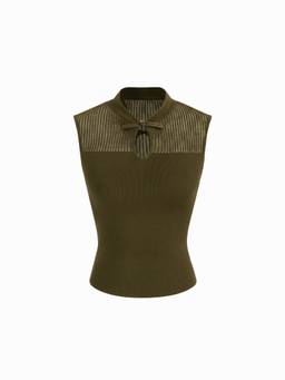Cider - Knit Women's Textured Cut-Out Stand Collar Vest Olive Green