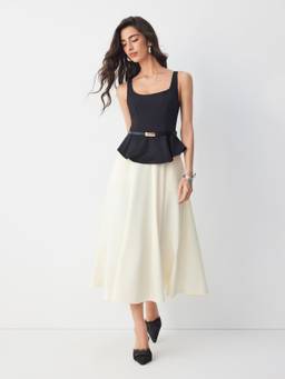 Cider - Colorblock Women’s Square Neck Peplum A-Line Maxi Dress Black & Beige