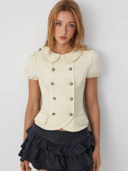 Cider - Cotton Blend Women's Peter Pan Collar Puff Sleeve Blouse Cream