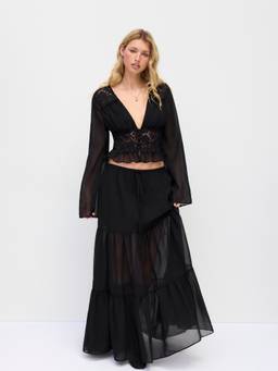 Cider - Chiffon Lace Women's V-Neck Bell Sleeve Skirt Set Black
