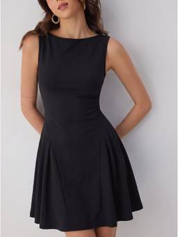 Cider - Pleated Women's Boat Neck A-Line Mini Dress Black