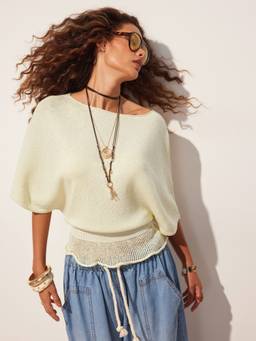Cider - Knit Women's Ruffled Batwing Boat Neck Top Yellow