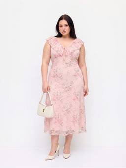 Cider - Floral Women's V-Neck Ruffled Sleeve Straight Midi Dress Pink
