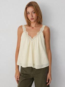 Cider - Textured Women Ruched V-Neck Lace Trim Tank Top Cream