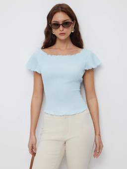 Cider - Textured Women’s Boat Neck Ruffle Sleeve Tee Blue