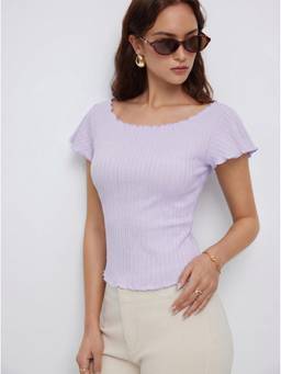 Cider - Textured Women’s Boat Neck Ruffled Sleeve Lettuce Trim Top Purple
