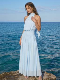 Cider - Chiffon Women's Halter Backless A-Line Maxi Dress Blue