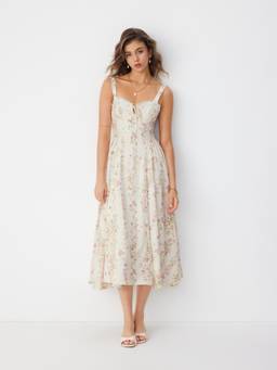 Cider - Floral Women's Sweetheart Neck Lace Trim A-Line Maxi Dress Cream