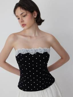 Cider - Cotton Blend Women Polka Dot Lace Trim Bandeau Crop Top Black