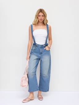 Cider - Washed Women's Oversized Low Rise Denim Dungaree Mid Blue