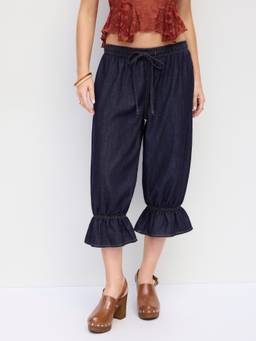 Cider - Denim Women's Mid-Rise Ruffled Barrel-Leg Cropped Jeans Indigo