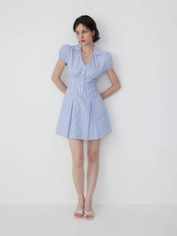 Cider - Cotton Blend Women's Striped Puff Sleeve Shirt Mini Dress Blue