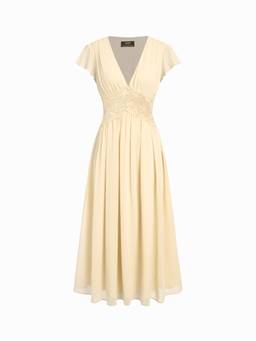 Cider - Chiffon Women's V-Neck Ruffle Sleeve Lace Maxi Dress Yellow