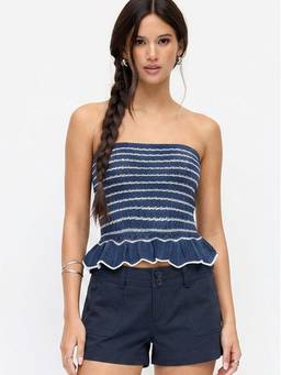 Cider - Cotton Blend Women Crochet Strapless Scallop Hem Crop Top Navy Blue