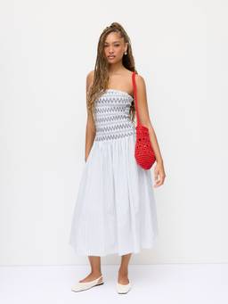 Cider - Striped Women's Bandeau Ruched A-Line Maxi Dress Blue