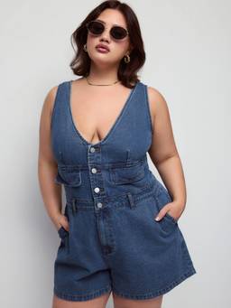Cider - Women's V-Neck Metal Button Tie-Back Denim Playsuit Navy Blue
