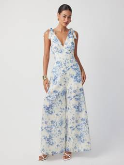 Cider - Floral Women's V-Neck Bowknot Wide-Leg Jumpsuit Blue