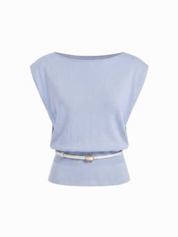 Cider - Knit Women's Belted Boat Neck Sleeveless Vest Top Blue