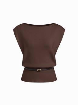 Cider - Knit Women's Sleeveless Boat Neck Belted Vest Top Brown