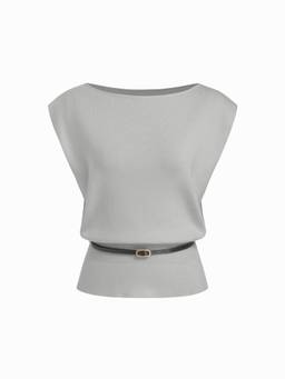 Cider - Knit Women's Sleeveless Boat Neck Belted Vest Top Grey