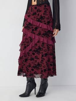 Cider - Mesh Women's Floral Ruffled Maxi Skirt Wine