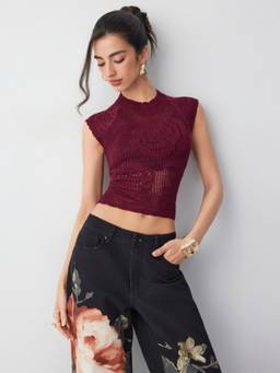 Cider - Knit Floral Pointelle Women's Sleeveless Vest Wine