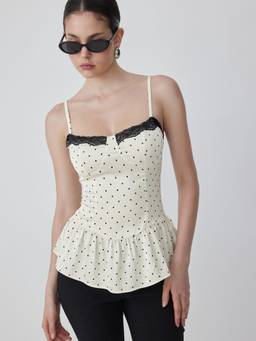 Cider - Polka Dot Women's Sweetheart Lace Trim Peplum Cami Top Cream