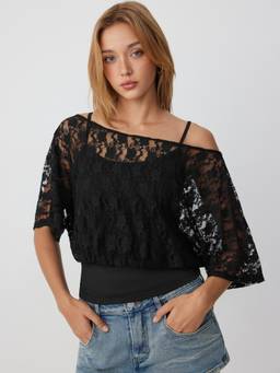 Cider - Jersey Women's Floral Lace Asymmetrical Neck Poncho Top Black