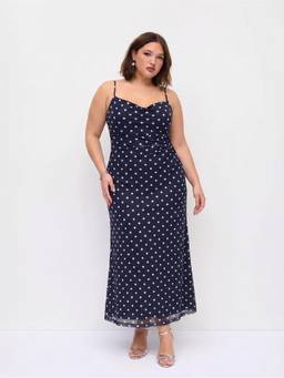 Cider - Mesh Polka Dot Women's Lace Panel Mermaid Maxi Dress Navy Blue