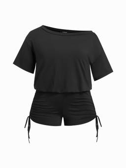 Cider - Asymmetrical Neck Women's Drawstring Ruched Playsuit Black