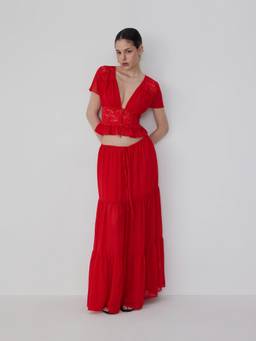 Cider - Chiffon Lace Women V-Neck Pleated Skirt Set Red
