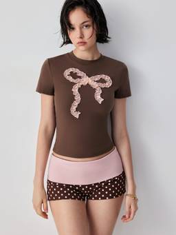 Cider - Ruffle Bowknot Women's Regular Fit Crew Neck T-Shirt Brown