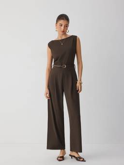 Cider - Women's Boat Neck Belted Straight Leg Jumpsuit Coffee