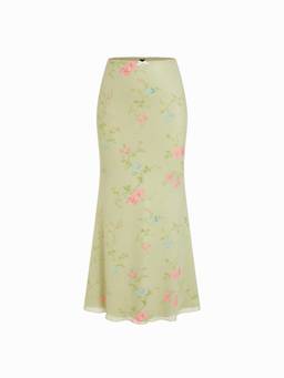 Cider - Mesh Women's Floral Mid-Rise Mermaid Maxi Skirt Light Green