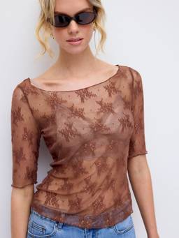 Cider - Floral Lace Women's Sheer Boat Neck Top Brown
