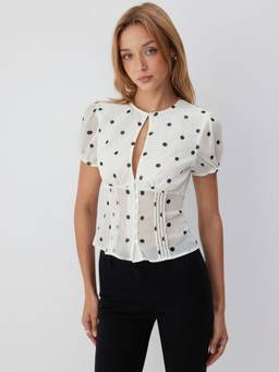 Cider - Chiffon Women's Polka Dot Puff Sleeve Cut-Out Ruched Blouse White
