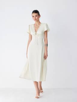 Cider - Satin Women's V-Neck Lace Trim Tie-Up A-Line Maxi Dress Beige