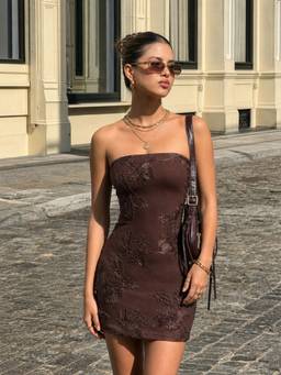 Cider - Floral Jacquard Women's Strapless Slim Mini Dress Brown