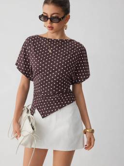 Cider - Polka Dot Women Ruched Boat Neck Tee Brown