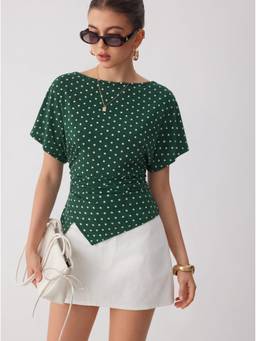 Cider - Polka Dot Women Boat Neck Batwing Ruched Top Green