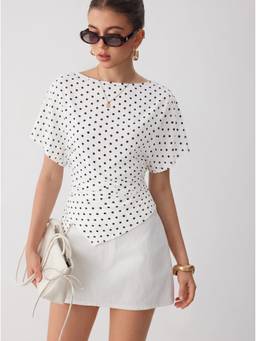 Cider - Polka Dot Women Ruched Boat Neck Batwing Top White