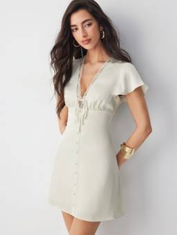 Cider - Satin Women's V-Neck Ruffle Sleeve Lace Trim A-Line Mini Dress Beige