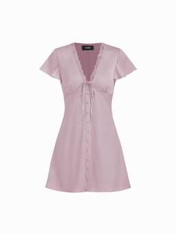 Cider - Satin Women's V-Neck Ruffle Sleeve A-Line Mini Dress Purple