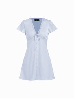 Cider - Satin Women's V-Neck Ruffle Sleeve A-Line Mini Dress Sky Blue
