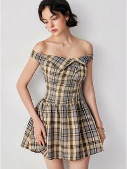 Cider - Plaid Women's Off-Shoulder Asymmetrical A-Line Mini Dress Khaki